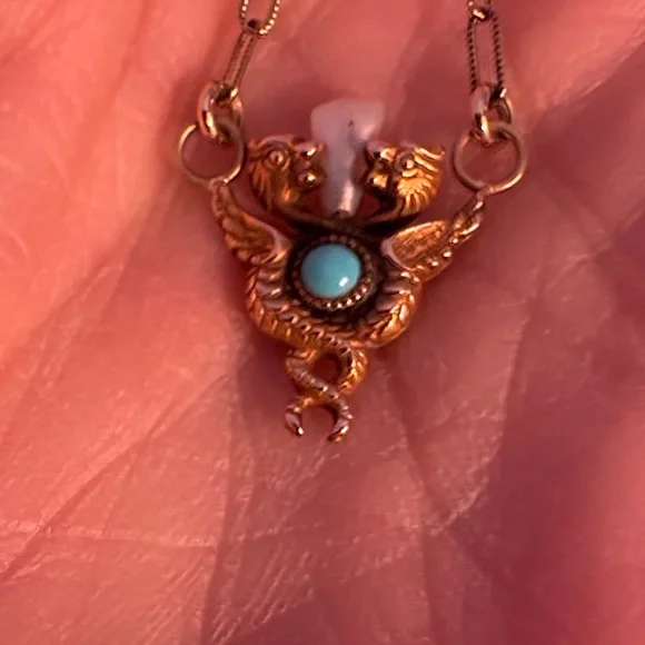 Antique Caduceus Necklace Turquoise Pearl Gold - Picture 3 of 7